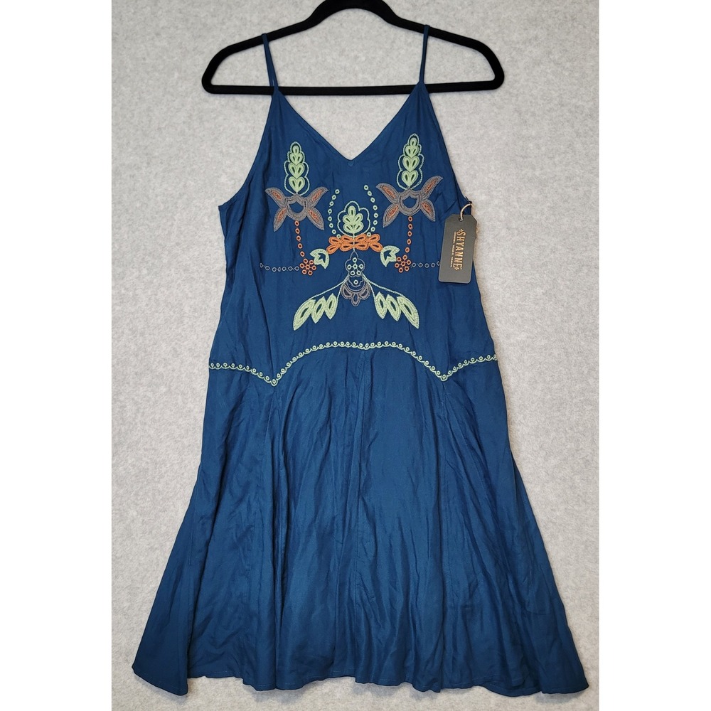 NWT Shyanne Womens Embroidered Western Mini Dress Teal Blue Smocked Sz L Western